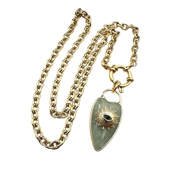 Aventurine Gemstone Heart Evil Eye Pendant Necklace 18K Gold Plated Chain 19" - Picture 2 of 9
